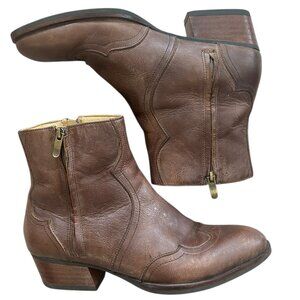 Bussola Brown Leather Short Booties Sz 41 Western Stitching Block Heel Cowboy